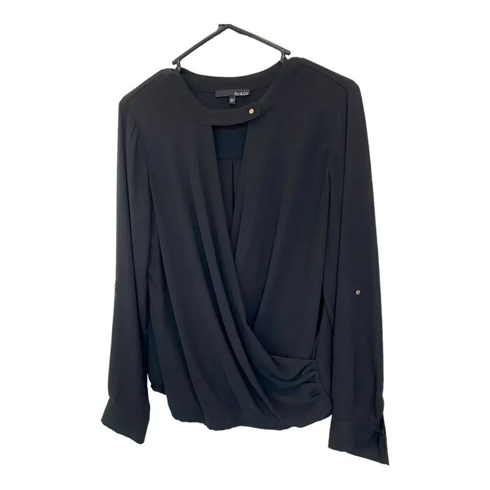 Ro & DeβWomens Top Blouse Long Roll Tab Sleeve Surplice Black Choker M